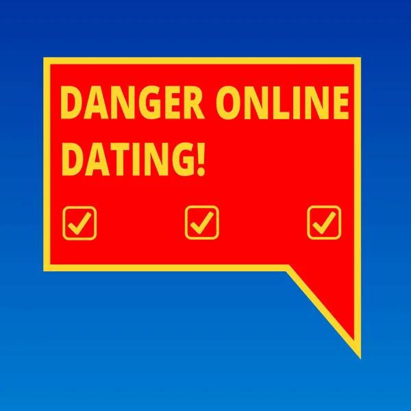 Χειρόγραφο κείμενο γράφοντας κίνδυνος Online Dating. Έννοια έννοια του κινδύνου συνάντηση ή ραντεβού αποδεικνύοντας ανταποκρίνονται σε απευθείας σύνδεση κενή φούσκα ομιλία ορθογώνια χρώμα με περίγραμμα φωτογραφία δεξιά. — Φωτογραφία Αρχείου