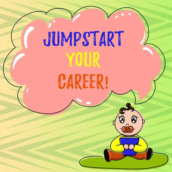 Ecriture conceptuelle montrant Jumpstart Your Career. Photo d'affaires mettant en valeur Faites-le fonctionner avec succès après une période d'échec Baby Sitting sur tapis Livre de sucette et bulle de parole nuage . — Photo