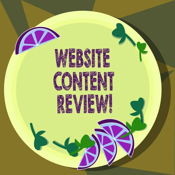 Text sign showing Website Content Review. Conceptual photo evaluate the process that assess and improve content Cutouts of Sliced Lime Wedge and Herb Leaves on Blank Round Color Plate.