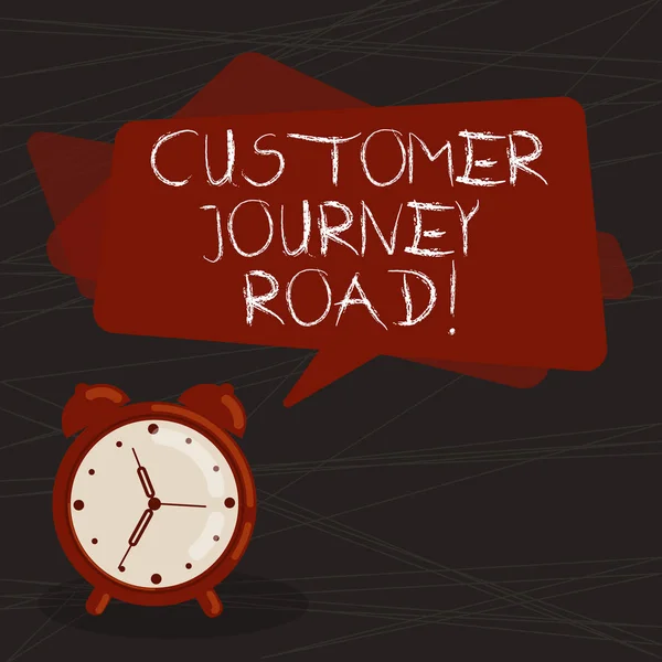 Conceptual hand writing showing Customer Journey Road. Business photo text Customer experiences when interacting your brand Rectangular Speech Bubble Overlay and Analog Alarm Clock.