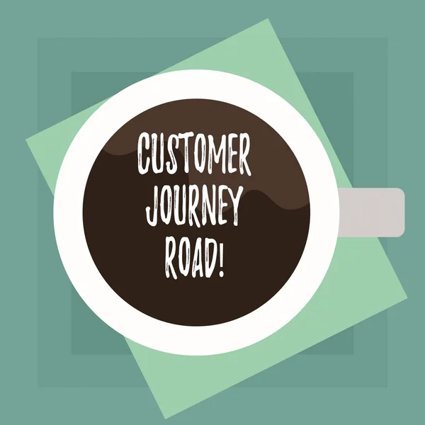 Conceptual hand writing showing Customer Journey Road. Business photo text Customer experiences when interacting your brand Top View of Drinking Cup Filled with Beverage on Color Paper.