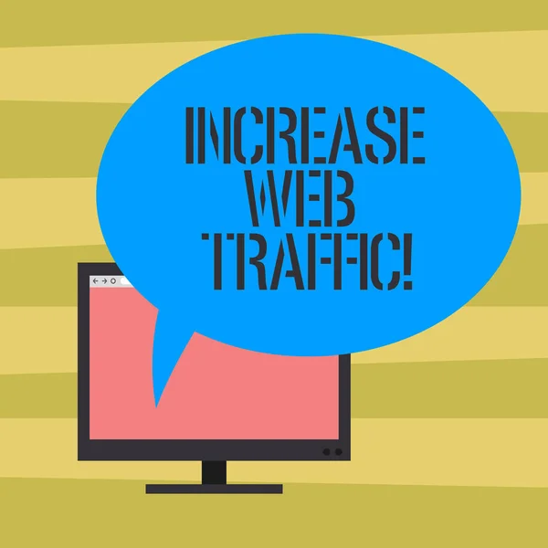 Text sign showing Increase Web Traffic. Conceptual photo Boost the amount of data transmitted by site visitors Mounted Computer Monitor Blank Screen with Oval Color Speech Bubble.