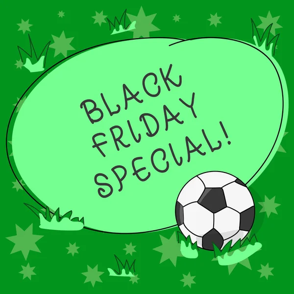 Writing note showing Black Friday Special. Business photo showcasing The day after thanksgiving Crazy Sale Shopping season Soccer Ball on the Grass and Blank Outlined Round Color Shape photo