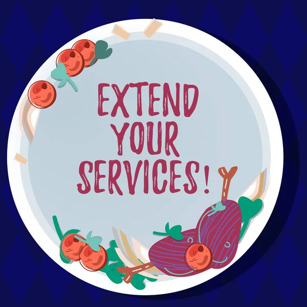 Handwriting text Extend Your Services. Concept meaning Broaden or expand the scope of the services offered Hand Drawn Lamb Chops Herb Spice Cherry Tomatoes on Blank Color Plate. — Stock Photo, Image