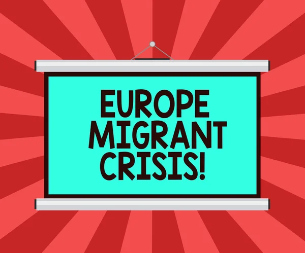 Conceptual hand writing showing Europe Migrant Crisis. Business photo showcasing European refugee crisis from a period beginning 2015 Portable Wall Projection Screen for Conference Presentation.