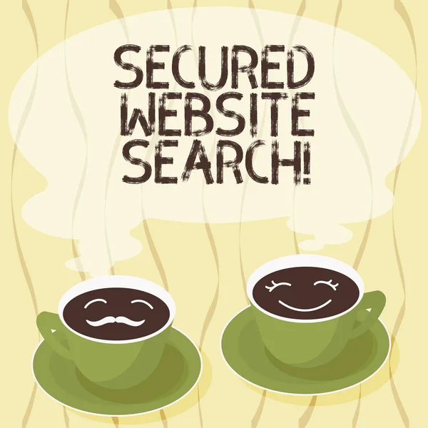 Texto de escritura a mano Secured Website Search. Concepto que significa que las comunicaciones del navegador y del sitio web están encriptadas Conjuntos de platillo de taza para el icono de su cara de café y la de ella con vapor en blanco . — Foto de Stock