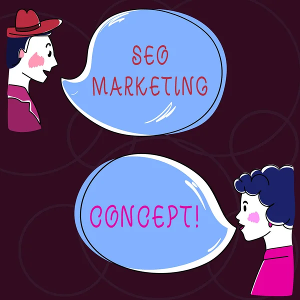 Escrita de mão conceitual mostrando o conceito de marketing Seo. Business photo text Estratégia que implementa para satisfazer as necessidades dos clientes Hand Wo analysis Talking photo with Blank Color Speech Bubble . — Fotografia de Stock