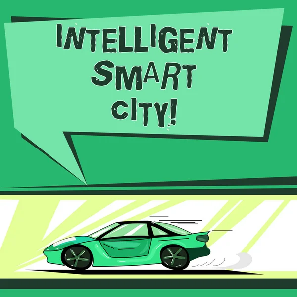 Akıllı akıllı şehir gösterilen metin işareti. Kavramsal fotoğraf hızlı hareket simgesi ve egzoz duman boş renk konuşma balonu ile daha akıllı bir enerji altyapı araba vardır şehir. — Stok fotoğraf