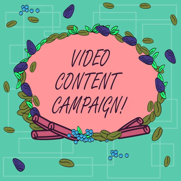 Texte d'écriture Word Campagne de contenu vidéo. Concept d'entreprise pour Intègre vidéo engageante dans les campagnes de marketing couronne faite de différentes feuilles de graines de couleur et de cannelle roulée photo . — Photo