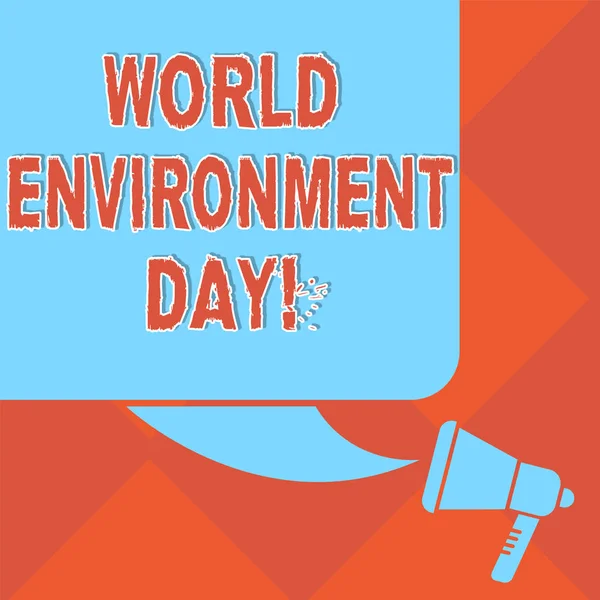 Handwriting text World Environment Day. Concept meaning awareness and the protection of our environment Color Silhouette of Blank Square Speech Bubble and Megaphone photo.