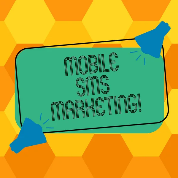 Handwriting text writing Mobile Sms Marketing. Concept meaning campaign that interact with your customers via text Two Megaphone with Sound icon on Blank Color Outlined Rectangular Shape. — Stock Photo, Image