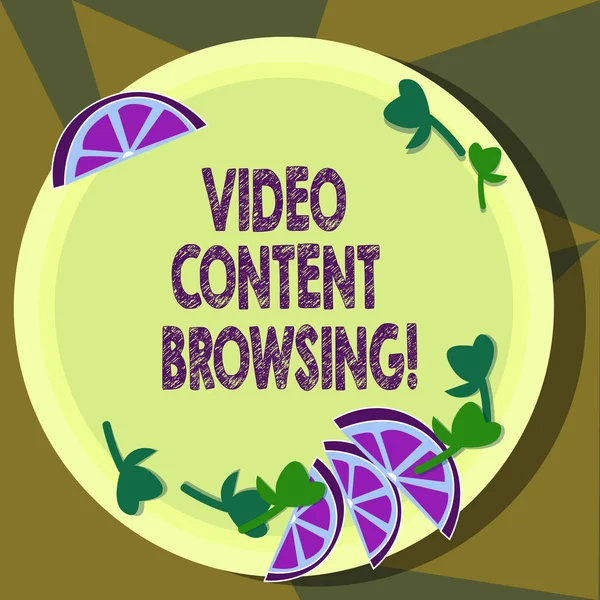 Text sign showing Video Content Browsing. Conceptual photo skimming through video content in order to satisfy Cutouts of Sliced Lime Wedge and Herb Leaves on Blank Round Color Plate.