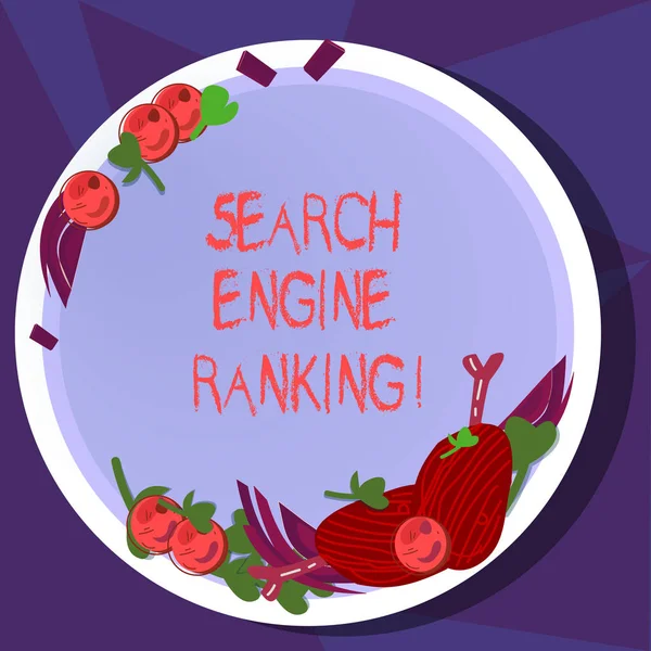 Text sign showing Search Engine Ranking. Conceptual photo Rank at which site appears in the search engine query Hand Drawn Lamb Chops Herb Spice Cherry Tomatoes on Blank Color Plate.