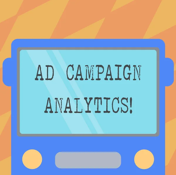 Text sign showing Ad Campaign Analytics. Conceptual photo monitor campaigns and their respective outcomes Drawn Flat Front View of Bus with Blank Color Window Shield Reflecting.