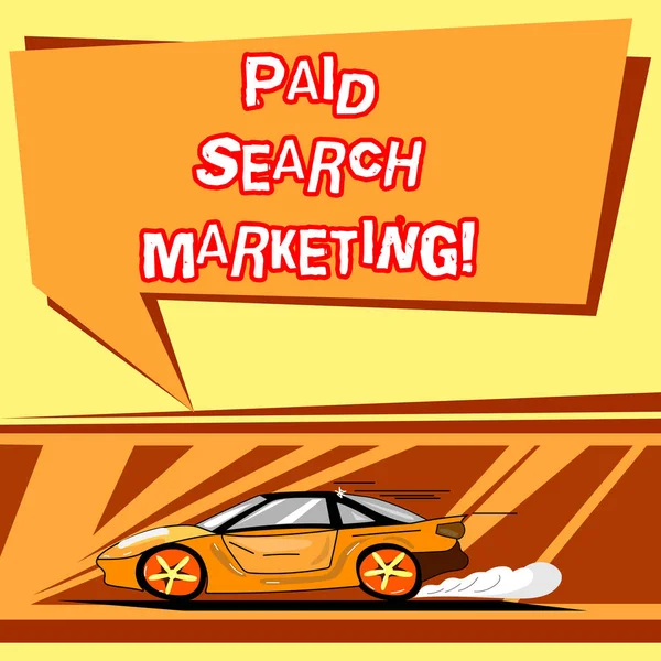 Handwriting text writing Paid Search Marketing. Concept meaning way to pay to ads through the internet search engines Car with Fast Movement icon and Exhaust Smoke Blank Color Speech Bubble.