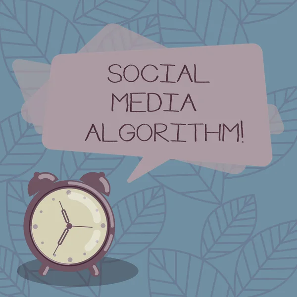 Writing note showing Social Media Algorithm. Business photo showcasing Sorting all post and show the most popular to user Blank Rectangular Color Speech Bubble Overlay and Analog Alarm Clock.