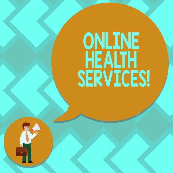 Text sign showing Online Health Services. Conceptual photo Healthcare practice supported by electronic processes Man in Necktie Carrying Briefcase Holding Megaphone Blank Speech Bubble.