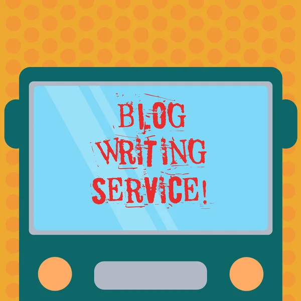 Writing note showing Blog Writing Service. Business photo showcasing Creates highquality blog content for a business Drawn Flat Front View of Bus with Blank Color Window Shield Reflecting.
