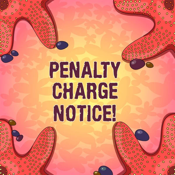 Word writing text Penalty Charge Notice. Business concept for fines issued by the police for very minor offences Starfish photo on Four Corners with Colorful Pebbles for Poster Ads Cards.