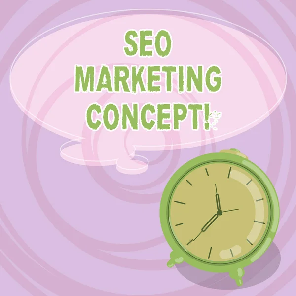 Writing note showing Seo Marketing Concept. Business photo showcasing Strategy that implement to satisfy customers need Blank Color Thought Speech Bubble with Outline and Alarm Clock photo.