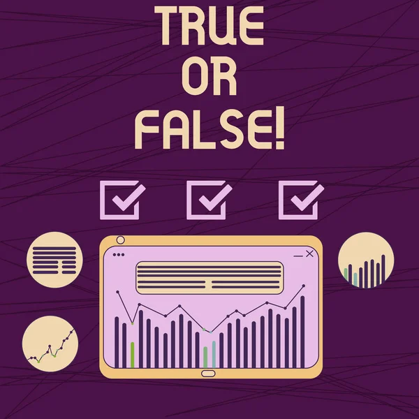 概念的な手書きの True または Falsequestion を表示します。ビジネス写真 true または false デジタルの組み合わせのデータ グラフィックの縦棒グラフ タブレットとしてマークする一連のステートメントを展示. — ストック写真