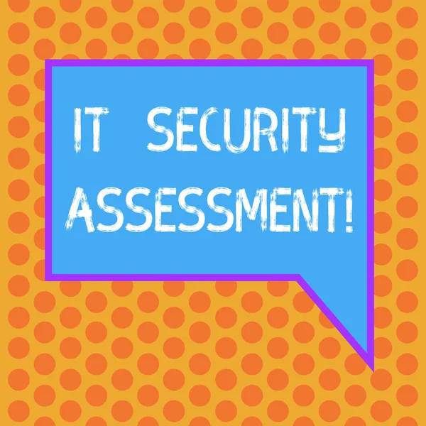 Writing note showing It Security Assessment. Business photo showcasing ensure that necessary security controls are in place Blank Rectangular Color Speech Bubble with Border photo Right Hand.