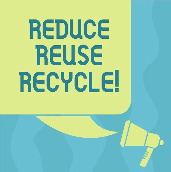 Conceptual hand writing showing Reduce Reuse Recycle. Business photo showcasing Cut down on the amount of garbage we make each year Color Silhouette of Blank Square Speech Bubble and Megaphone.