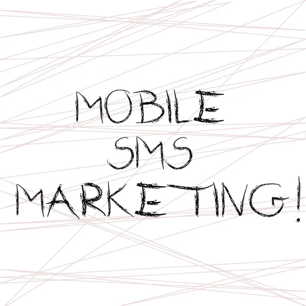 Writing note showing Mobile Sms Marketing. Business photo showcasing campaign that interact with your customers via text Straight Line Scattered Randomly Intersecting Geometrical Pattern. — Stock Photo, Image