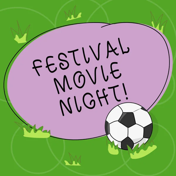 Word writing text Festival Movie Night. Business concept for analysisy friends get together to watch movies together Soccer Ball on the Grass and Blank Outlined Round Color Shape photo.