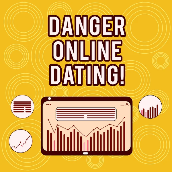 Writing Obs visar faran Online Dating. Företag foto skylta risken för möte eller dating visar träffa online Digital kombination av kolumn Data grafisk linjediagrammet på Tablet PC-skärmen. — Stockfoto