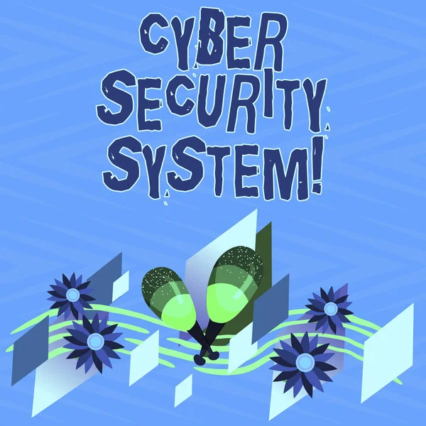 사이버 보안 시스템을 보여주는 텍스트 기호. 개념 사진 다채로운 악기 마라 수 제 꽃과 곡선 뮤지컬 직원 해킹 으로부터 컴퓨터를 보호 하는의 기술. — 스톡 사진