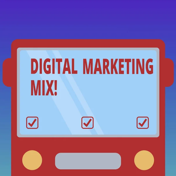 Текст почерка Digital Marketing Mix. Концепция означает комплекс действий по продвижению бренда на рынке нарисованный плоский вид автобуса с чистым цветовым экраном отражающий . — стоковое фото