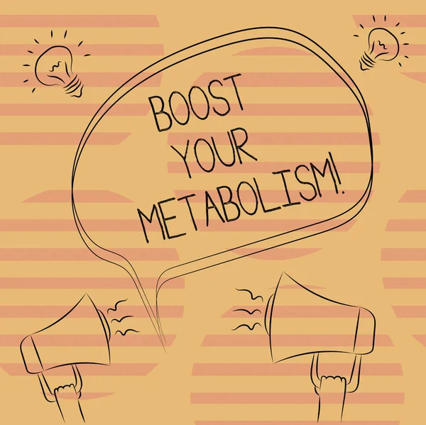 Word writing text Boost Your Metabolism. Business concept for Speeding up the breakdown of food calorie intake Freehand Outline Sketch of Blank Speech Bubble Megaphone Sound Idea Icon.