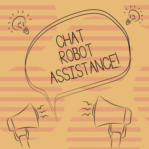 Word writing text Chat Robot Assistance. Business concept for answers customer services questions and provides help Freehand Outline Sketch of Blank Speech Bubble Megaphone Sound Idea Icon.