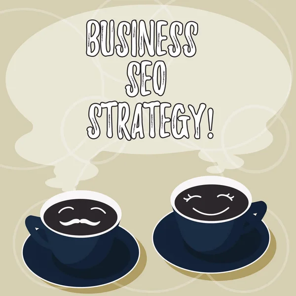 Escritura a mano conceptual que muestra Business Seo Strategy. Exhibición de fotos de negocios Optimización del sitio web para aumentar el número de visitas Platillo de la taza para el icono de la cara de café de él y de ella con Steam . —  Fotos de Stock