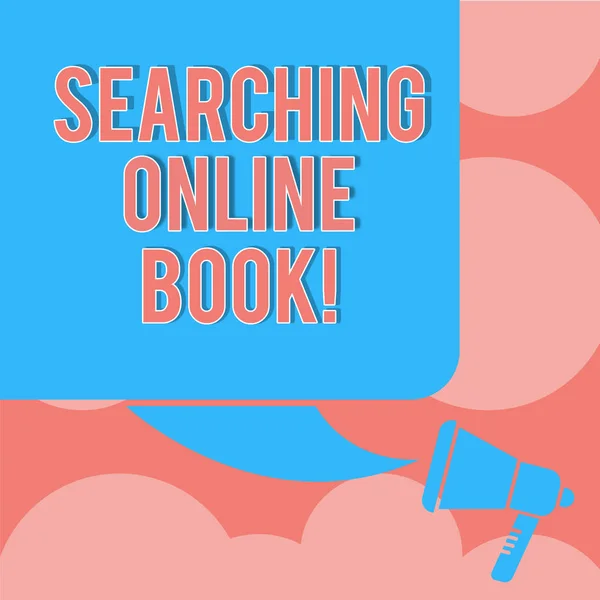 Writing note showing Searching Online Book. Business photo showcasing resource in book that is offered to read online Color Silhouette of Blank Square Speech Bubble and Megaphone photo.