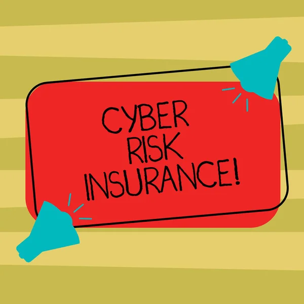 Tekst teken weergegeven: Cyber Risk Insurance. Conceptuele foto dekt financiële verliezen die uit de gegevens overtredingen twee megafoon met geluidspictogram op lege kleur geschetst rechthoekige vorm voortvloeien. — Stockfoto