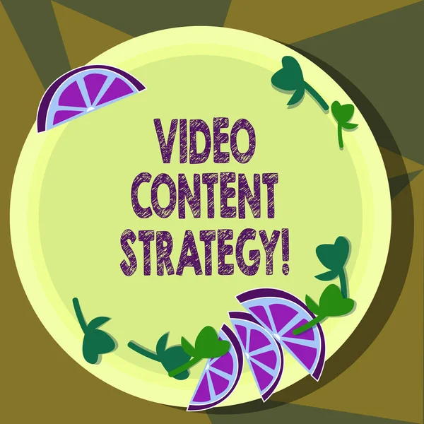Text sign showing Video Content Strategy. Conceptual photo use specific video format according to buying stages Cutouts of Sliced Lime Wedge and Herb Leaves on Blank Round Color Plate.
