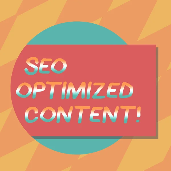 Текстовый знак, показывающий Seo Optimized Content. Концептуальное фото Создание страниц сайта привлекательным для поисковых систем Blank Rectangular Color Shape с тенью выходящей из круга фото . — стоковое фото