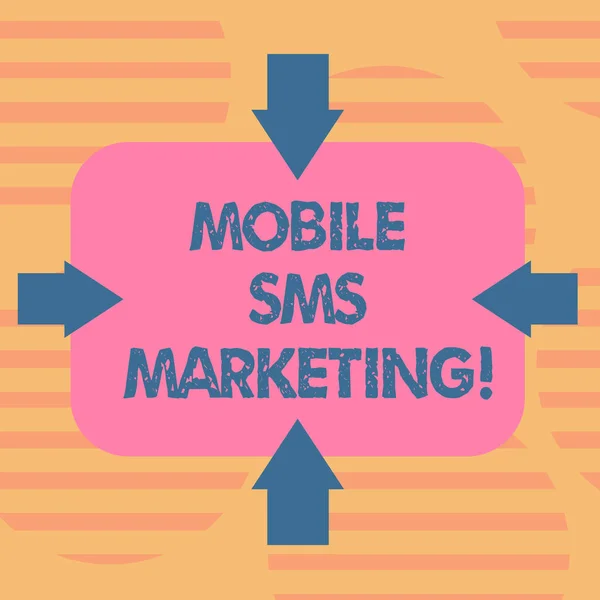 Word writing text Mobile Sms Marketing. Business concept for campaign that interact with your customers via text Arrows on Four Sides of Blank Rectangular Shape Pointing Inward photo. — Stock Photo, Image