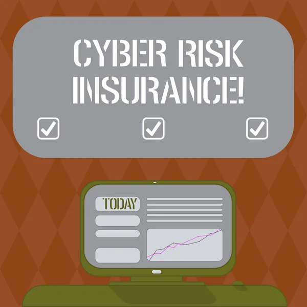 Nota escrita que muestra Cyber Risk Insurance. El escaparate de fotos de negocios cubre las pérdidas financieras que resultan de las violaciones de datos Pantalla de computadora montada con gráfico de línea en el escritorio Caja de texto en color en blanco . —  Fotos de Stock