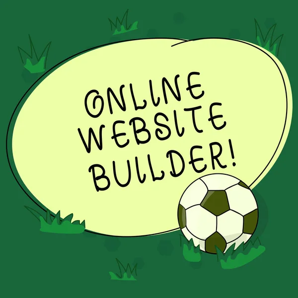 Tekst teken weergegeven: Online Website Builder. Conceptuele foto programma of hulpprogramma waarmee u kunt bouwen een website voetbal op het gras en lege geschetst ronde kleur vorm foto. — Stockfoto