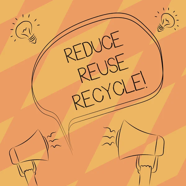 Text sign showing Reduce Reuse Recycle. Conceptual photo Cut down on the amount of garbage we make each year Freehand Outline Sketch of Blank Speech Bubble Megaphone Sound Idea Icon.