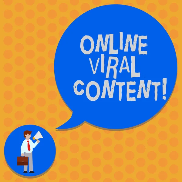 Writing note showing Online Viral Content. Business photo showcasing Article that spreads rapidly online by website link Man in Necktie Carrying Briefcase Holding Megaphone Speech Bubble.