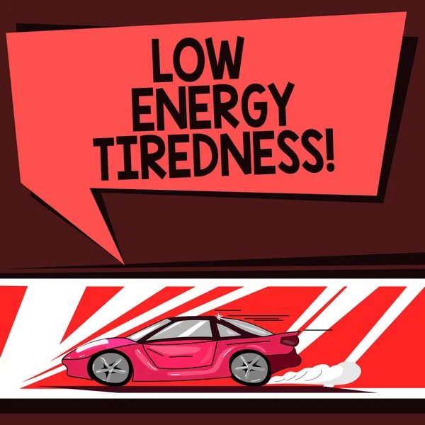 Word writing text Low Energy Tiredness. Business concept for subjective feeling of tiredness that has gradual onset Car with Fast Movement icon and Exhaust Smoke Blank Color Speech Bubble. — Stock Photo, Image