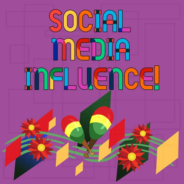 Text sign showing Social Media Influence. Conceptual photo Individuals ability to affect others thinking Colorful Instrument Maracas Handmade Flowers and Curved Musical Staff.