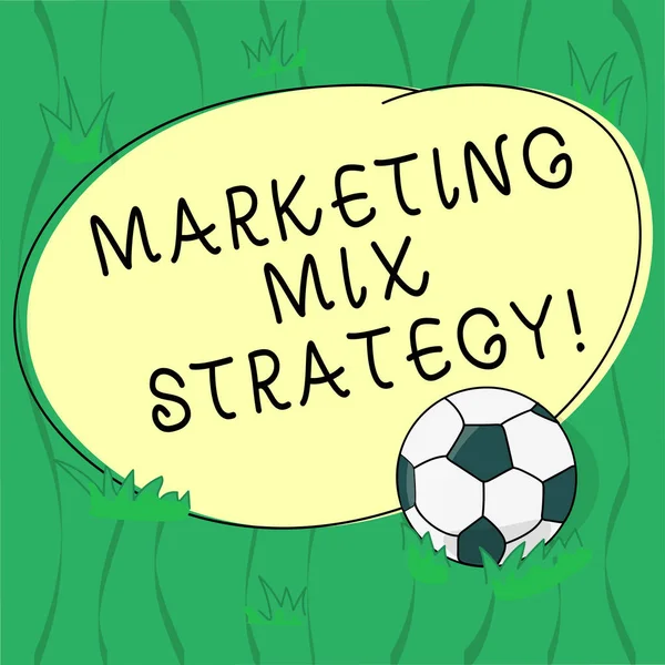 Word writing text Marketing Mix Strategy. Business concept for Set of governable tactical marketing tool company use Soccer Ball on the Grass and Blank Outlined Round Color Shape photo.