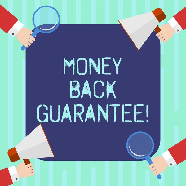Word writing text Money Back Guarantee. Business concept for refund will be made if customer is not satisfied Hu analysis Hands Each Holding Magnifying Glass and Megaphone on 4 Corners.
