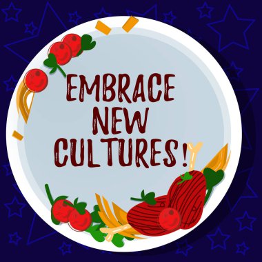 Metin kucaklamak yeni kültürler yazılı kelime. Gelenekleri, diğer etnik el çekilmiş kuzu pirzolası Herb baharat kiraz domates boş renk plaka üzerinde iş kavramı kayıt ol için haberdardır.