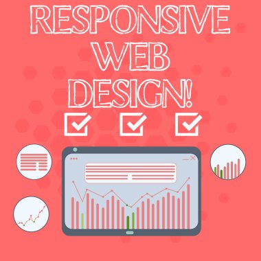 Duyarlı Web Tasarım gösterilen metin işareti. Esnek mizanpajlar dijital karma, sütun satır veri grafik grafik Tablet ekranında kullanımı yapar kavramsal fotoğraf web sayfası oluşturma.